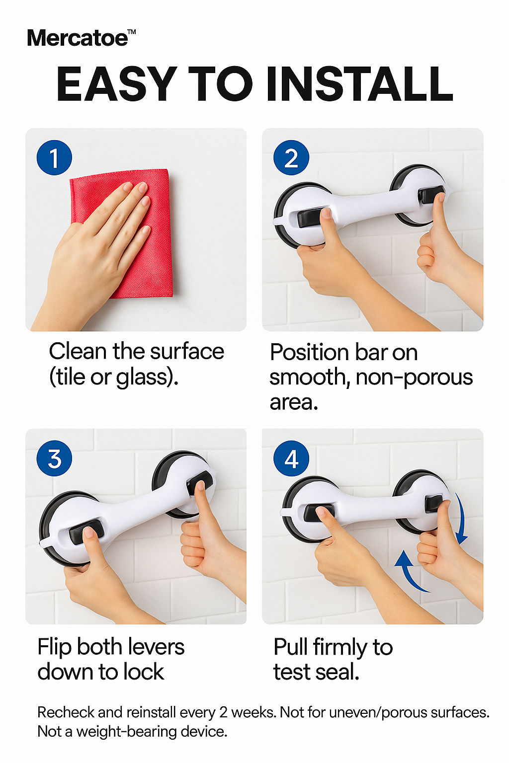 12" Suction Grab Bars (2-Pack) – Strong Hold Bathroom Shower Handles