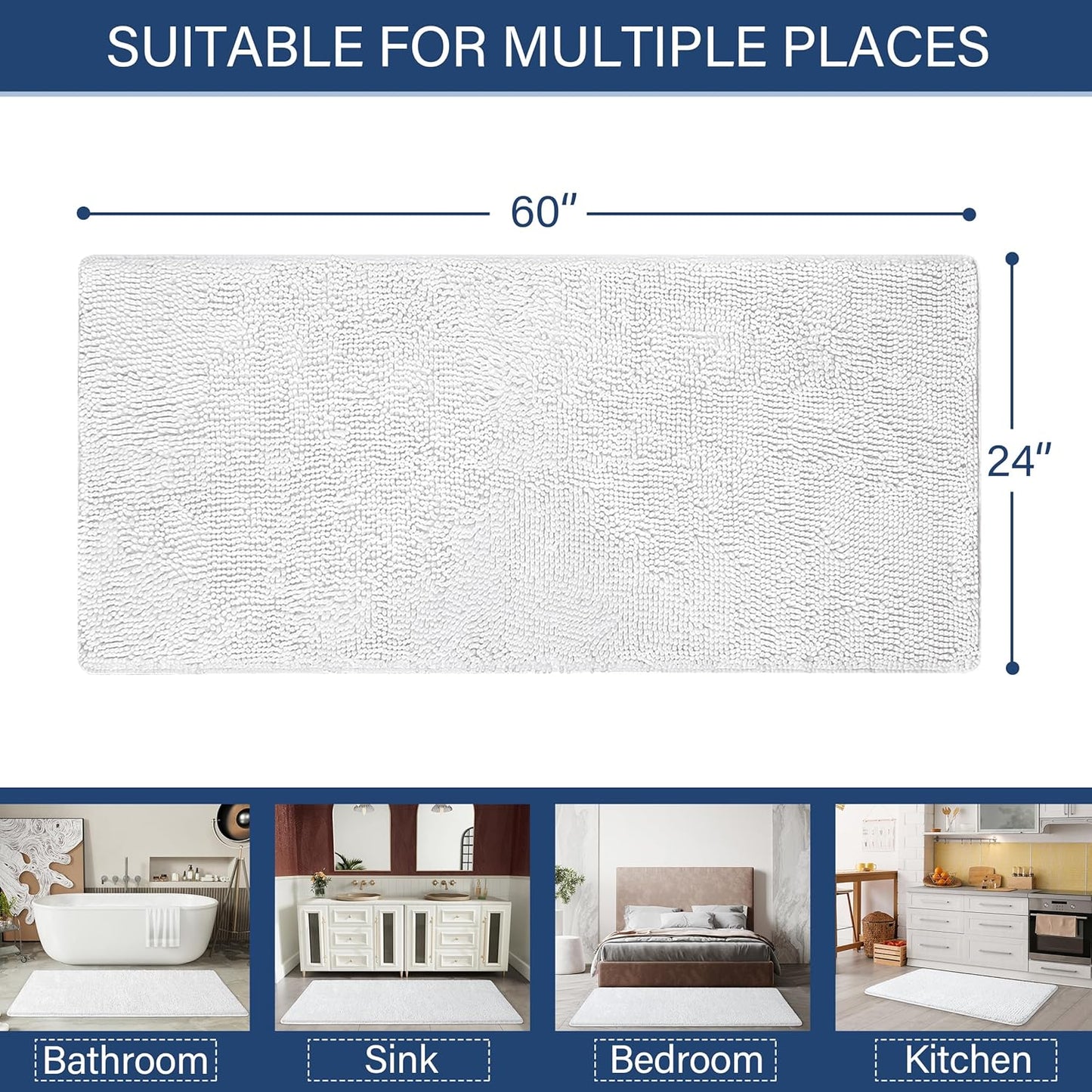 Luxury Bathroom Rug Shaggy Bath Mat 24 X 60 Inch, Washable Non Slip Bath Rugs for Bathroom Shower, Soft Plush Chenille Absorbent Carpets Mats, White