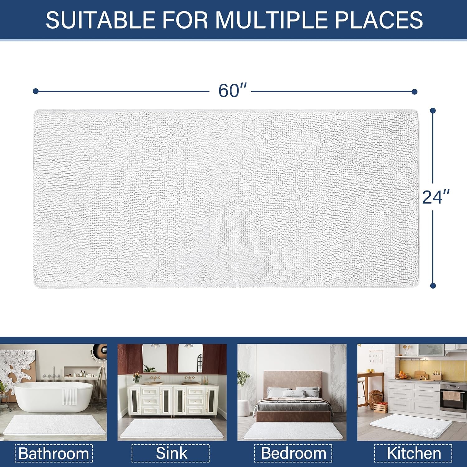 Luxury Bathroom Rug Shaggy Bath Mat 24 X 60 Inch, Washable Non Slip Bath Rugs for Bathroom Shower, Soft Plush Chenille Absorbent Carpets Mats, White