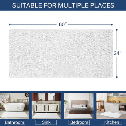 Luxury Bathroom Rug Shaggy Bath Mat 24 X 60 Inch, Washable Non Slip Bath Rugs for Bathroom Shower, Soft Plush Chenille Absorbent Carpets Mats, White