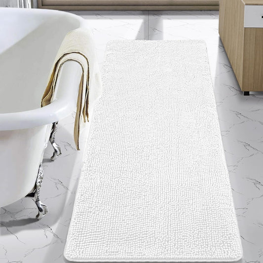 Luxury Bathroom Rug Shaggy Bath Mat 24 X 60 Inch, Washable Non Slip Bath Rugs for Bathroom Shower, Soft Plush Chenille Absorbent Carpets Mats, White