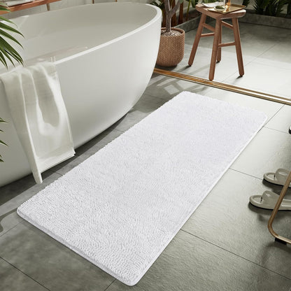 Luxury Bathroom Rug Shaggy Bath Mat 24 X 60 Inch, Washable Non Slip Bath Rugs for Bathroom Shower, Soft Plush Chenille Absorbent Carpets Mats, White